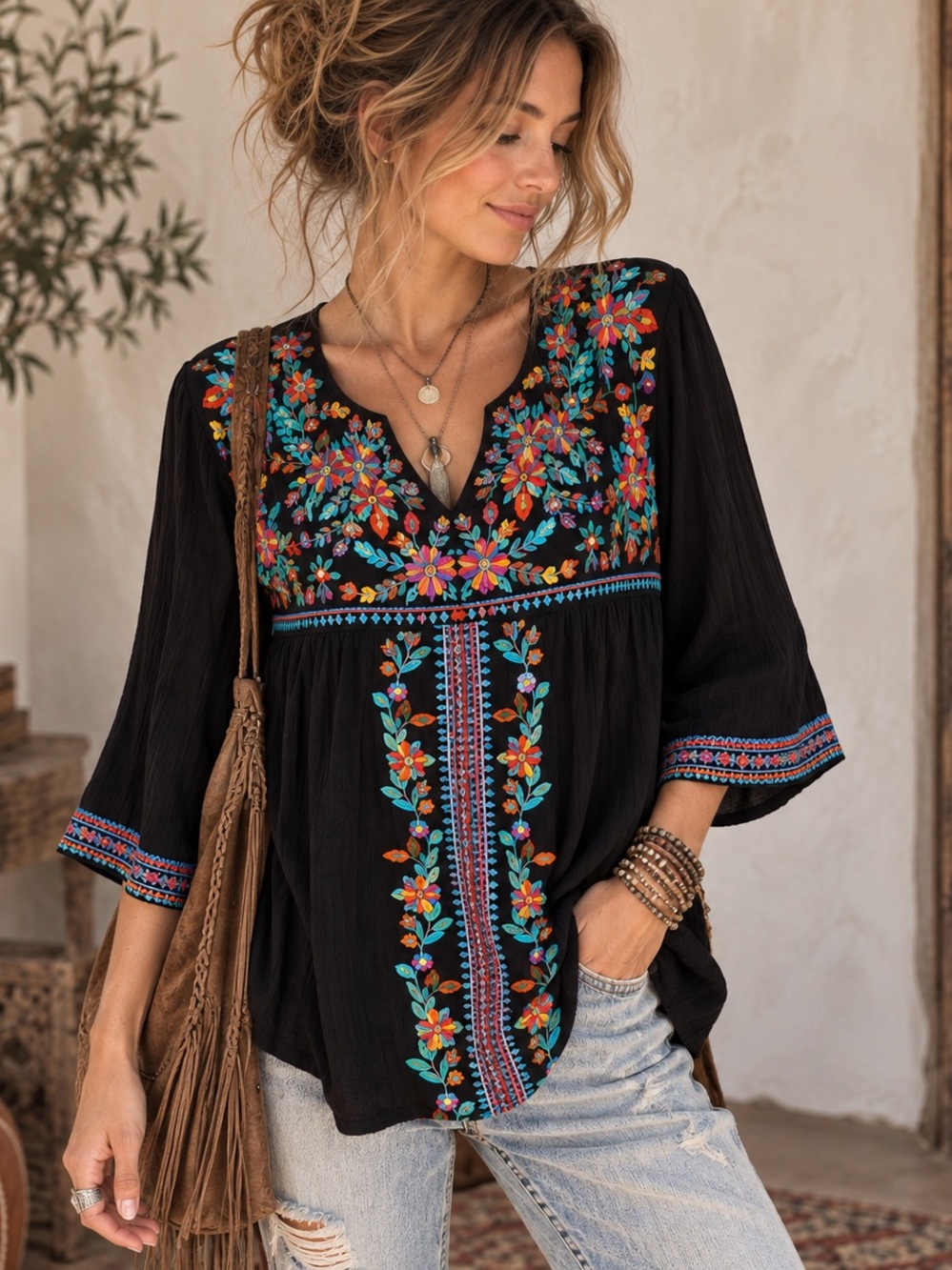 Black Embroidered Floral Boho Peasant Tunic Top